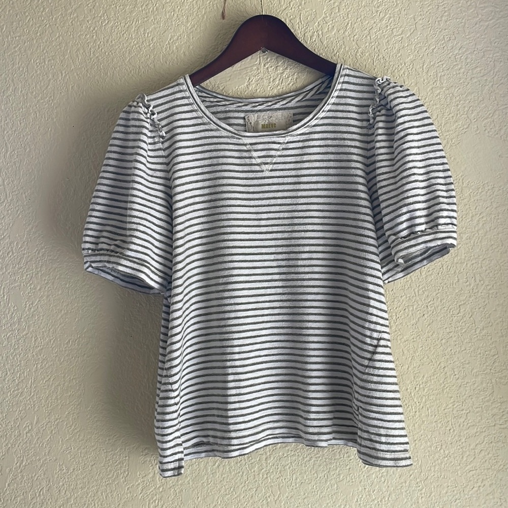 Maeve by Anthropologie, size medium white and green striped shirt, puffed sleeve